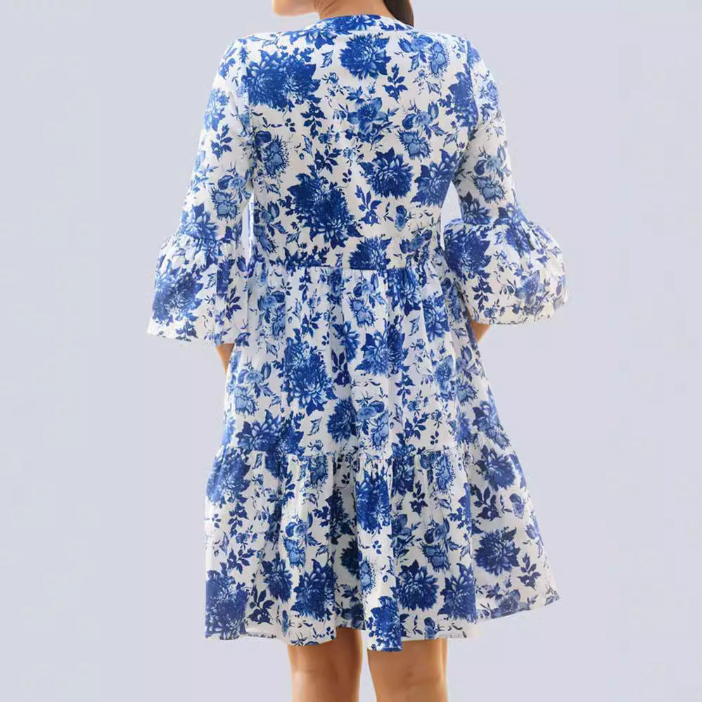 Damen Blumenkleid mit voluminösen Ärmeln und eleganter Passform R&B