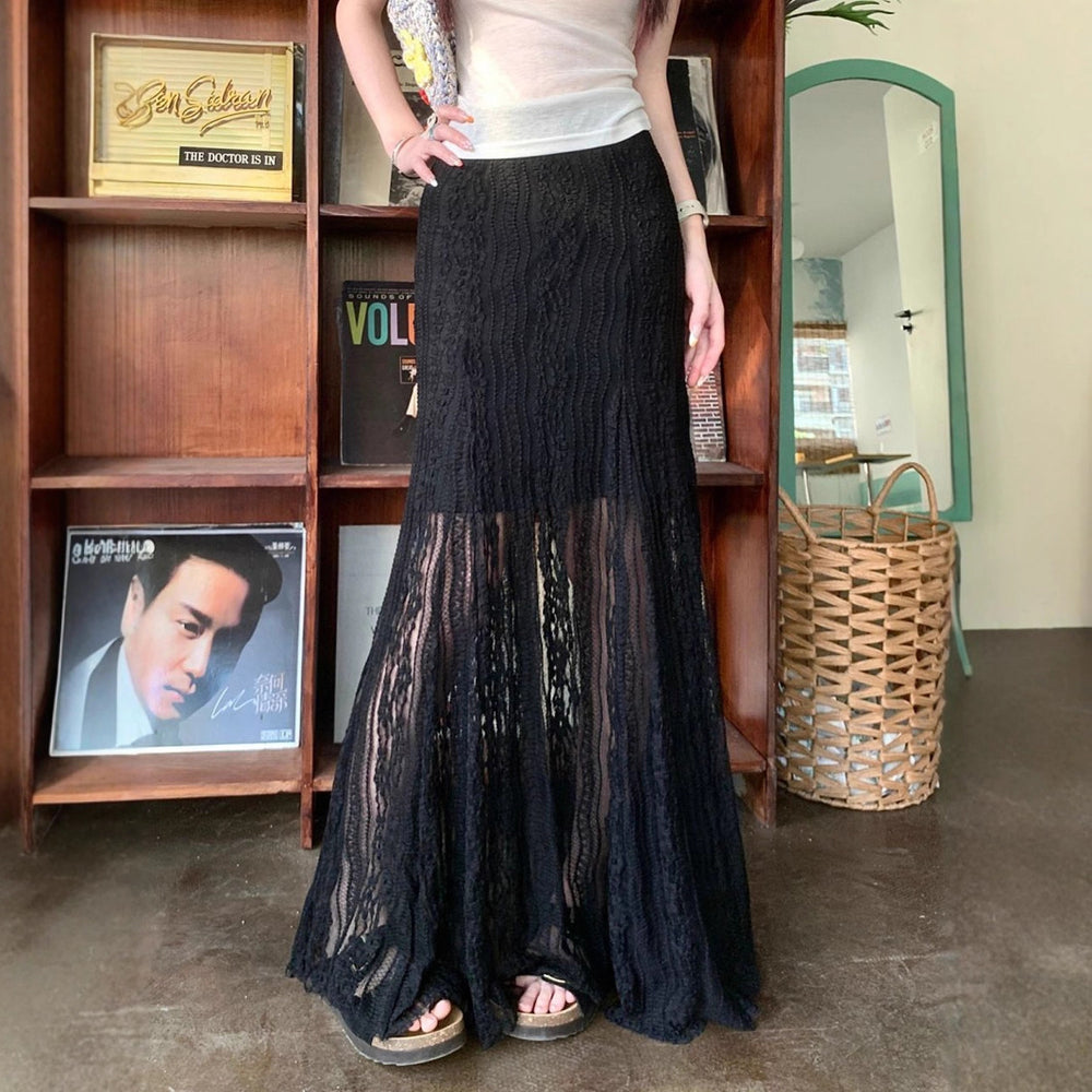 Damen Eleganter Maxi-Rock mit transparenter Spitze und Falten R&B