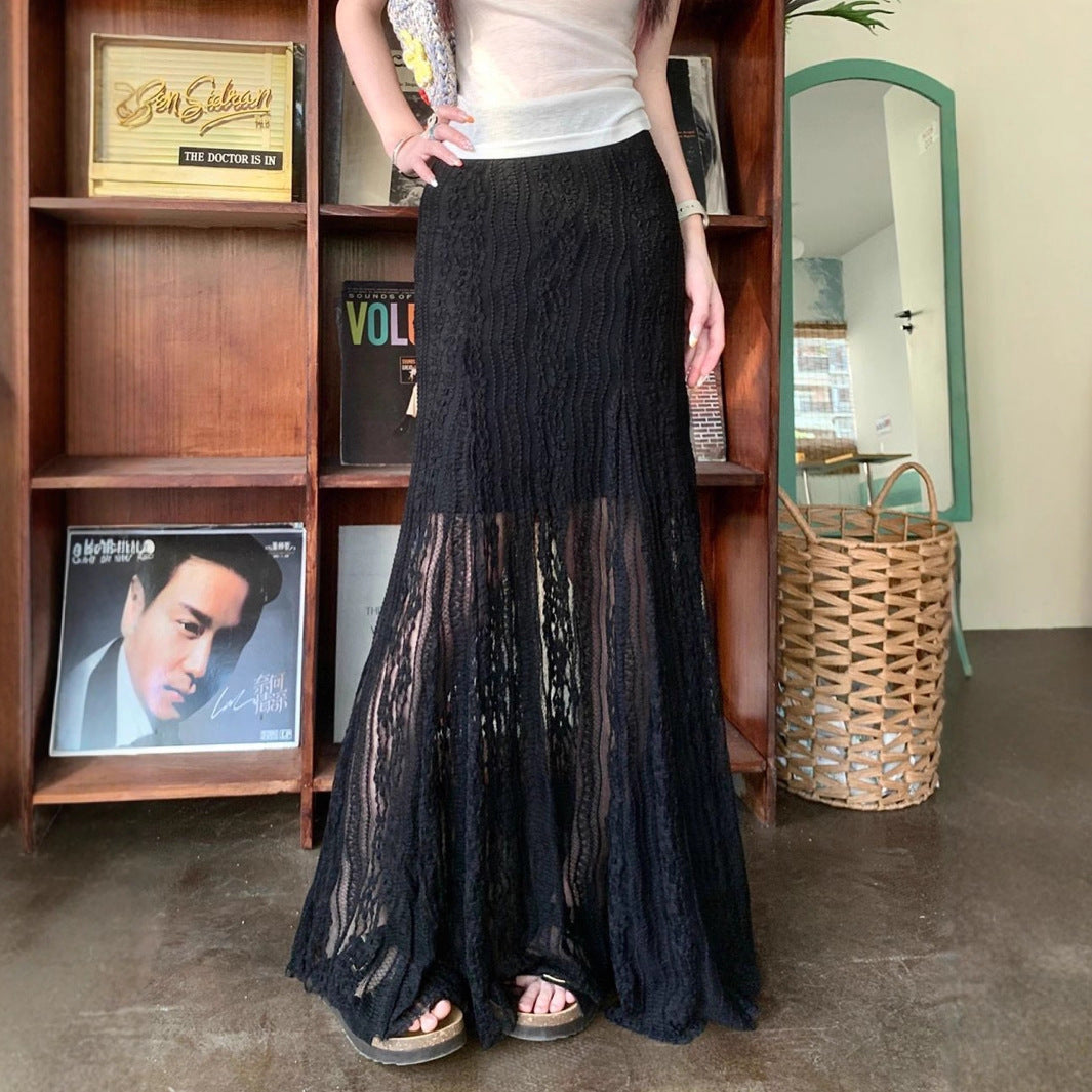 Damen Eleganter Maxi-Rock mit transparenter Spitze und Falten R&B