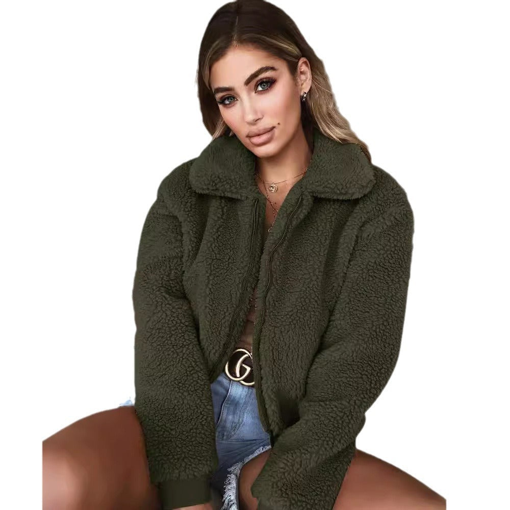 Damen Teddy-Fleecejacke mit Reißverschluss und klassischem Kragen R&B