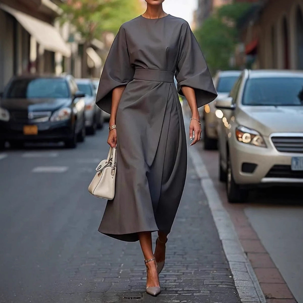 Damen Elegantes Midi-Kleid mit voluminösen Ärmeln R&B