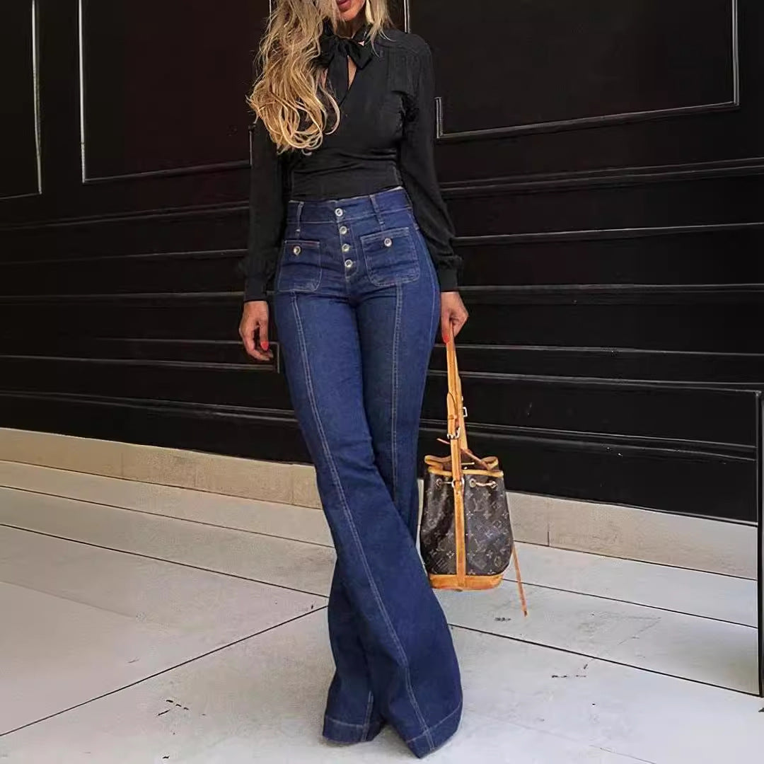 Damen Bootcut Jeans mit hohen Taillen und modischen Knopfdetails R&B