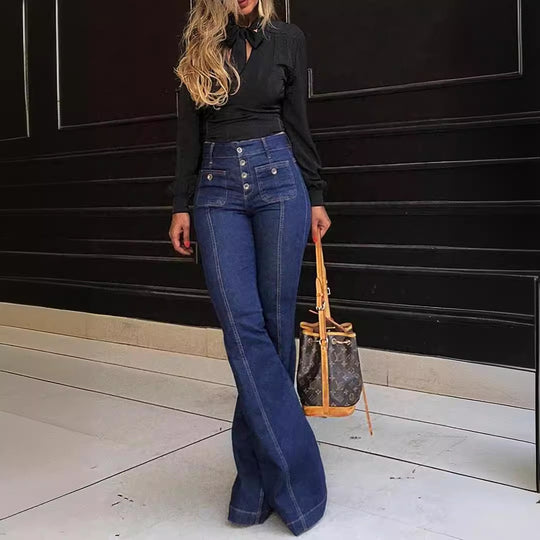 Damen Bootcut Jeans mit hohen Taillen und modischen Knopfdetails R&B
