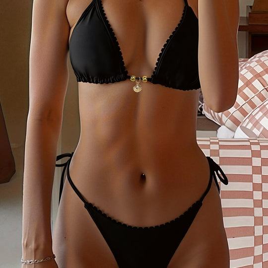 Damen Triangel-Bikini-Set mit luxuriösen Rüschendetails und dekorativem Bindeband R&B