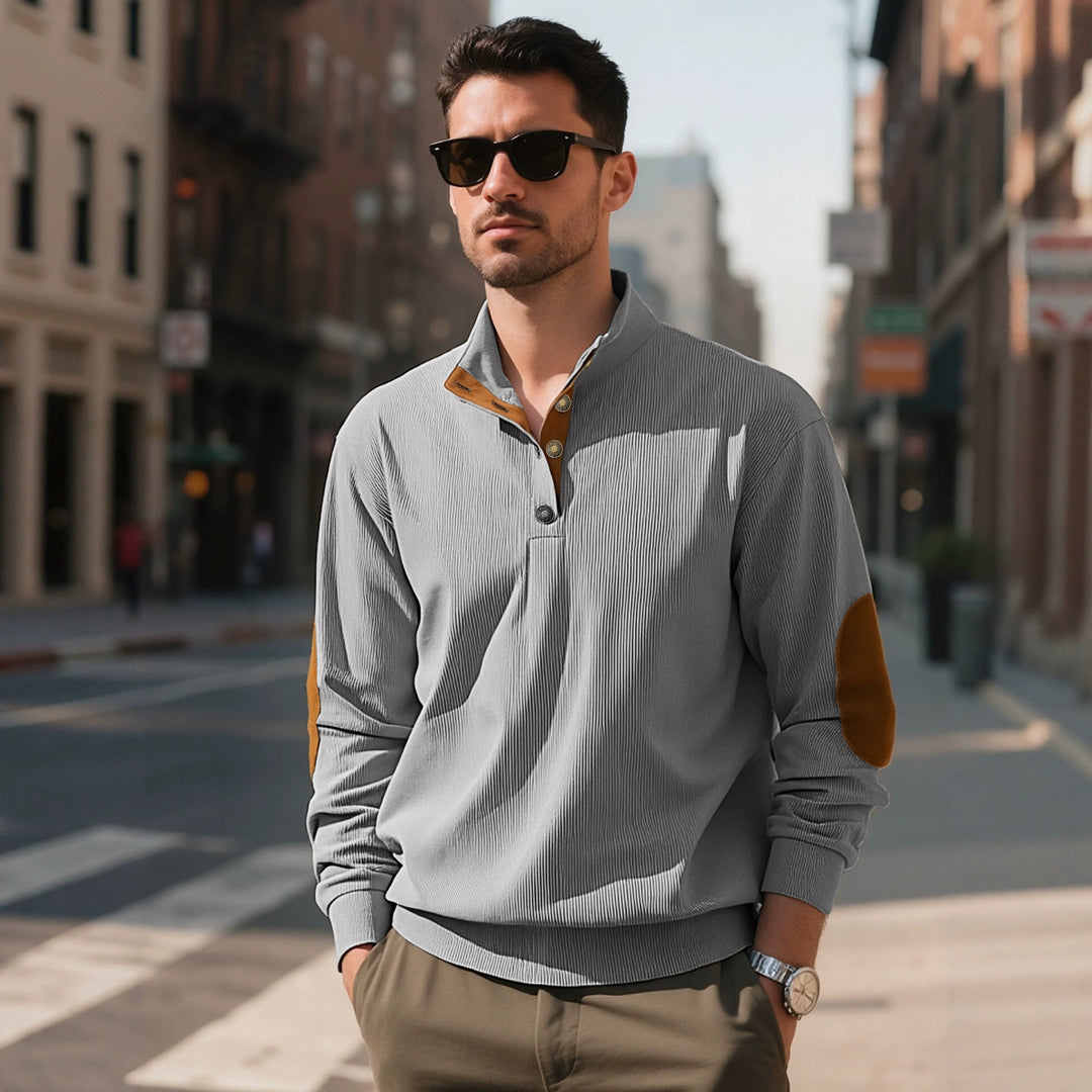 Herren nan lässiger Strukturpullover mit Polokragen, kurzer Knopfleiste und veganen Lederbesätzen R&B