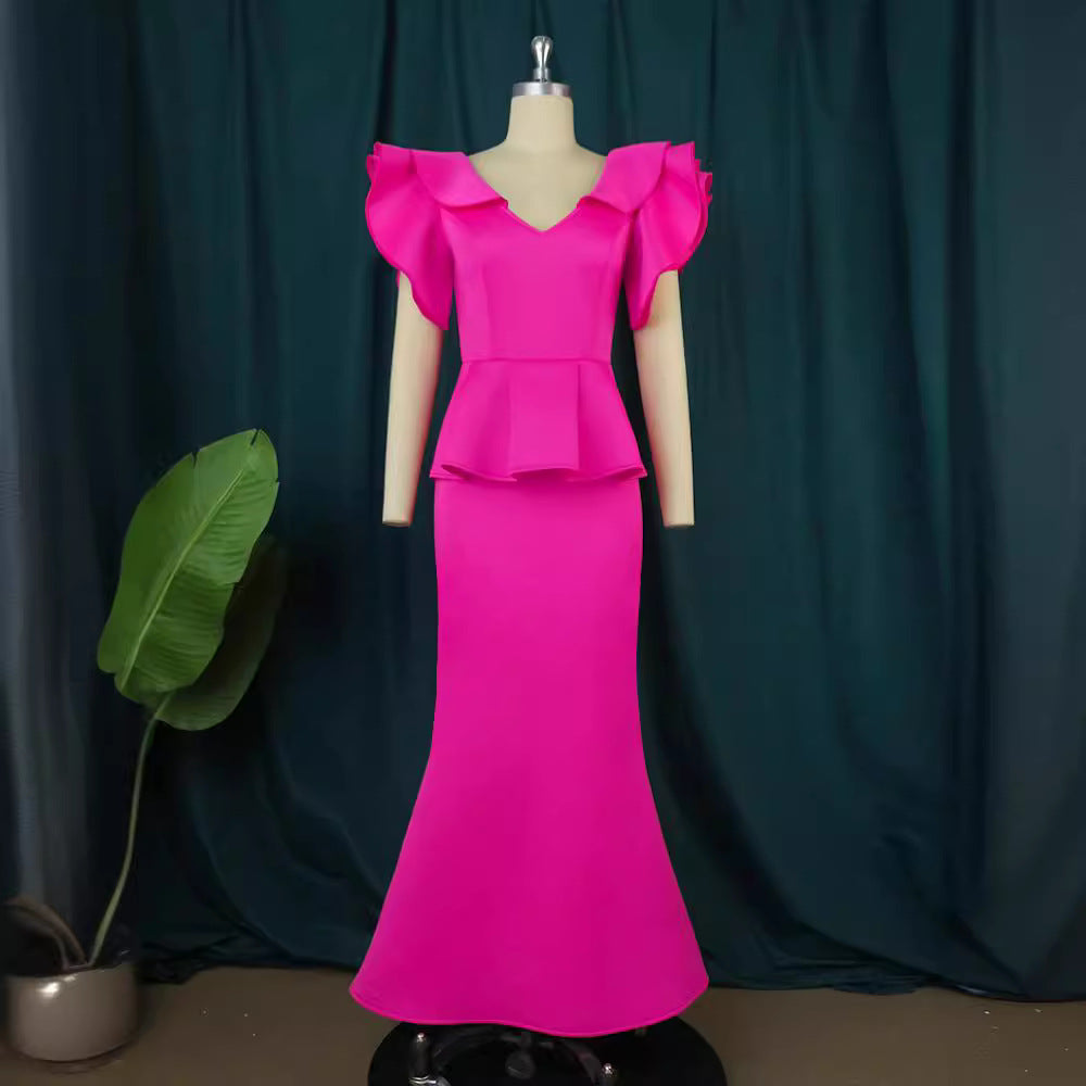 Damen elegantes Peplum-Abendkleid mit voluminösen Ärmeln R&B