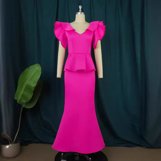 Damen elegantes Peplum-Abendkleid mit voluminösen Ärmeln R&B