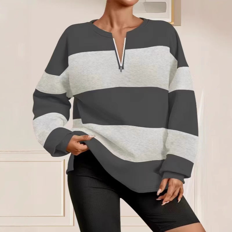 Damen modischer Sweatpullover mit Reißverschluss und gestreiftem Design R&B