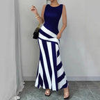 Damen Maxikleid mit stilvollem Wickel-Effekt und diagonalen Streifen R&B