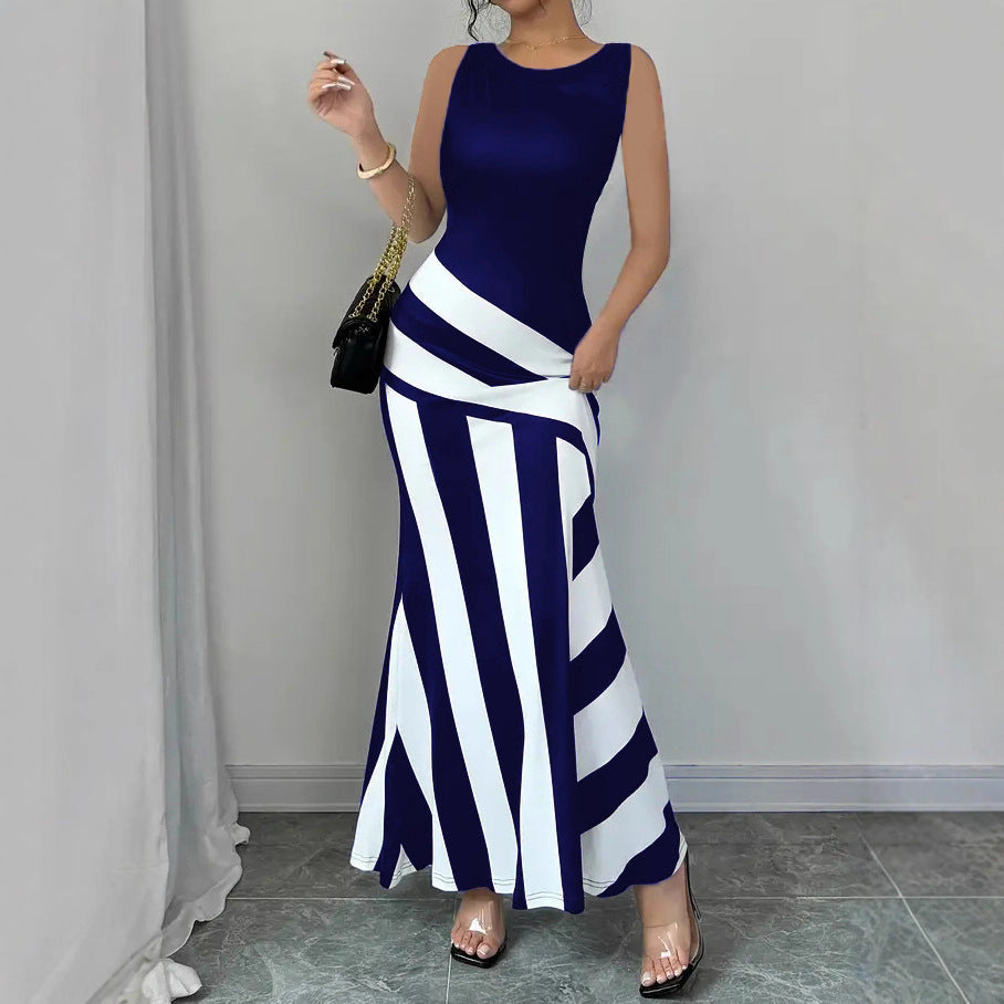 Damen Maxikleid mit stilvollem Wickel-Effekt und diagonalen Streifen R&B
