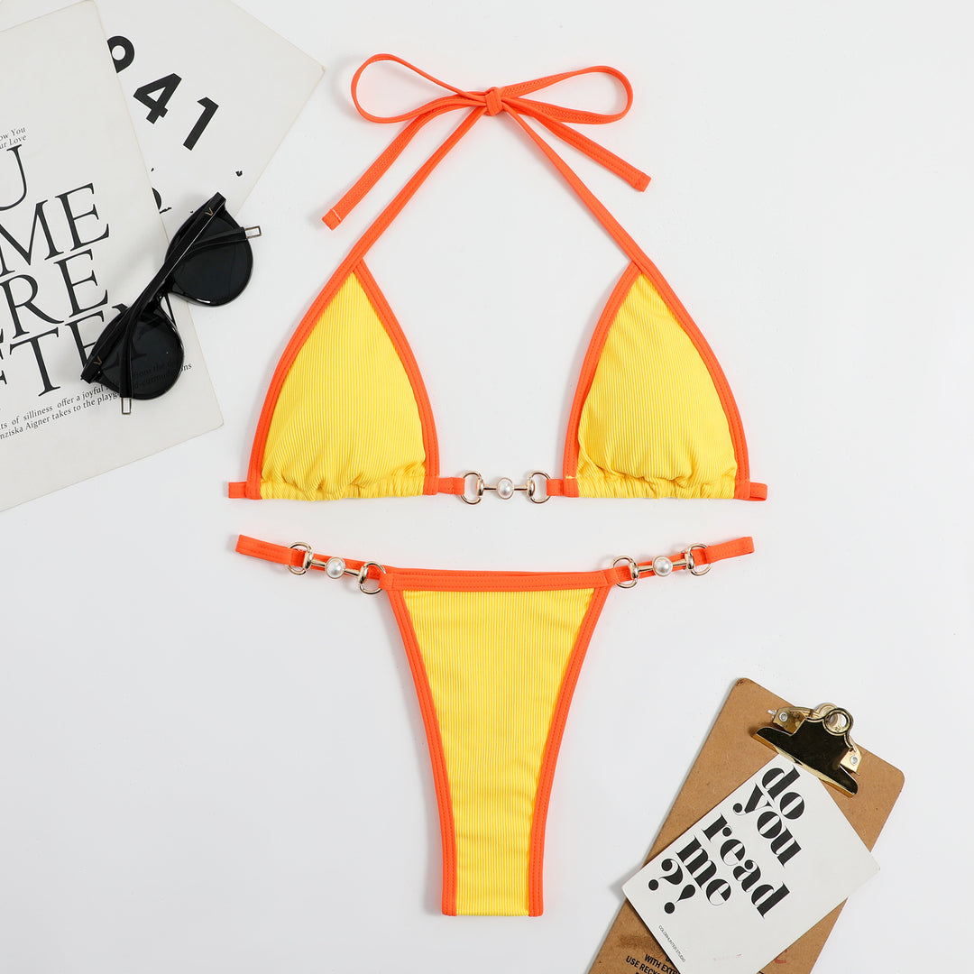 Damen Triangel-Bikini mit modischem Rippdesign und dekorativen Elementen R&B