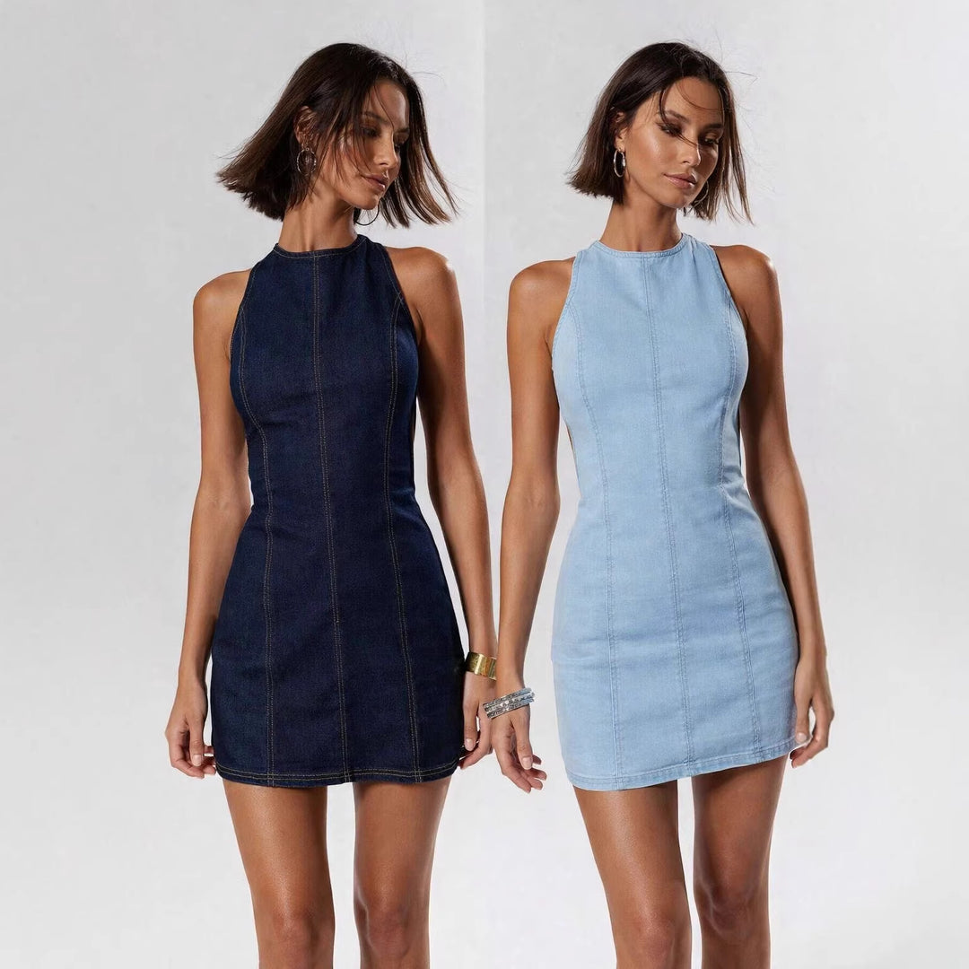 Damen figurbetontes Denim-Kleid mit Seitenschlitzen und hohem Kragen R&B
