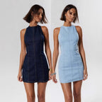 Damen figurbetontes Denim-Kleid mit Seitenschlitzen und hohem Kragen R&B