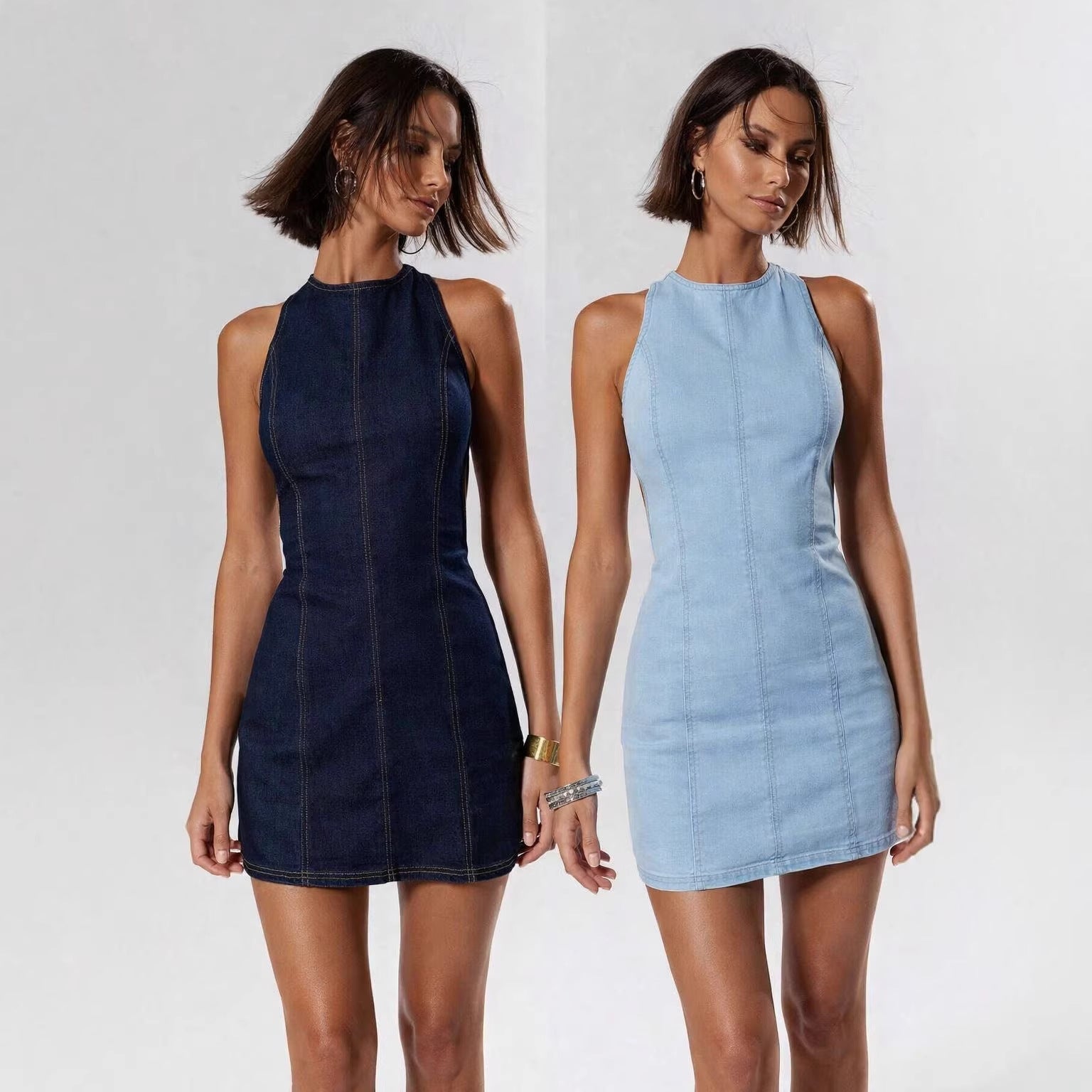 Damen figurbetontes Denim-Kleid mit Seitenschlitzen und hohem Kragen R&B