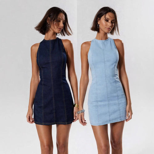 Damen figurbetontes Denim-Kleid mit Seitenschlitzen und hohem Kragen R&B