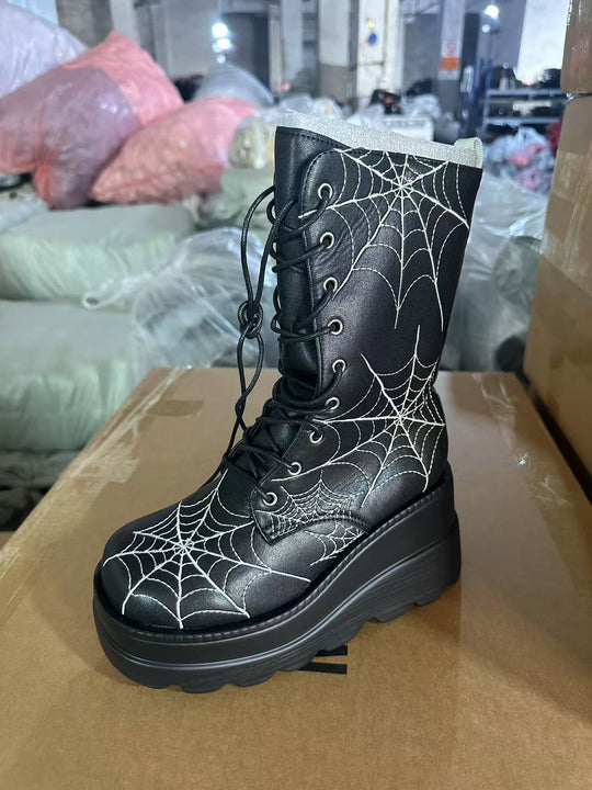 Damen High-Top Stiefel mit modischem Spinnen-Netz-Design und komfortabler Plateausohle R&B