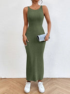 Damen figurbetontes Langarm-Maxikleid mit Rippenstruktur und Rundhalsausschnitt R&B