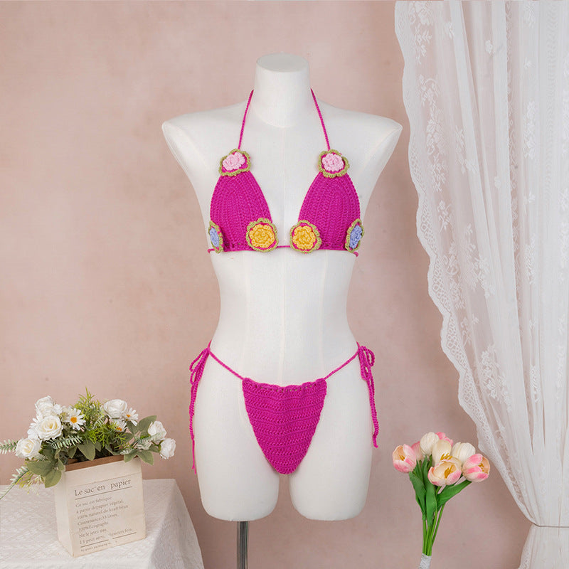 Damen Häkel-Bikini mit verspieltem Blumendesign und verstellbaren Bändern R&B