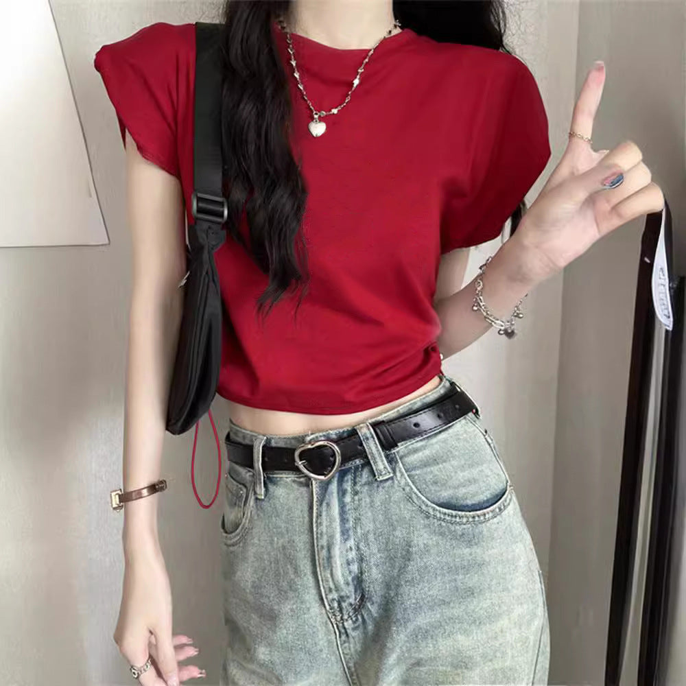 Damen Cropped T-Shirt mit verstellbarem Kordelzug und modischen Puffärmeln