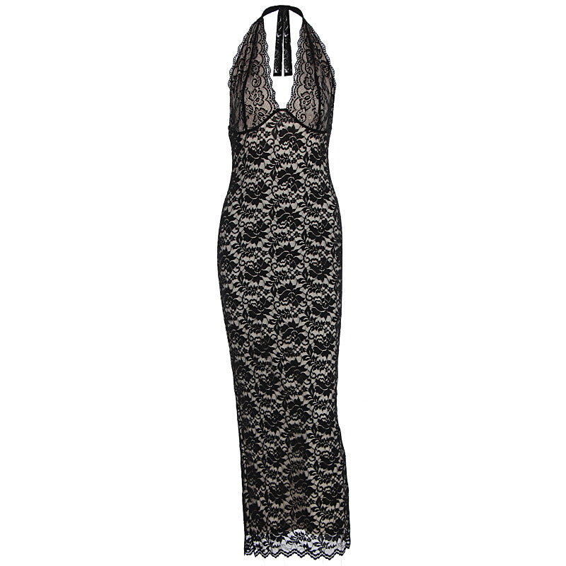 Damen Elegantes Spitzenmaxikleid mit halterndem Dekolleté R&B