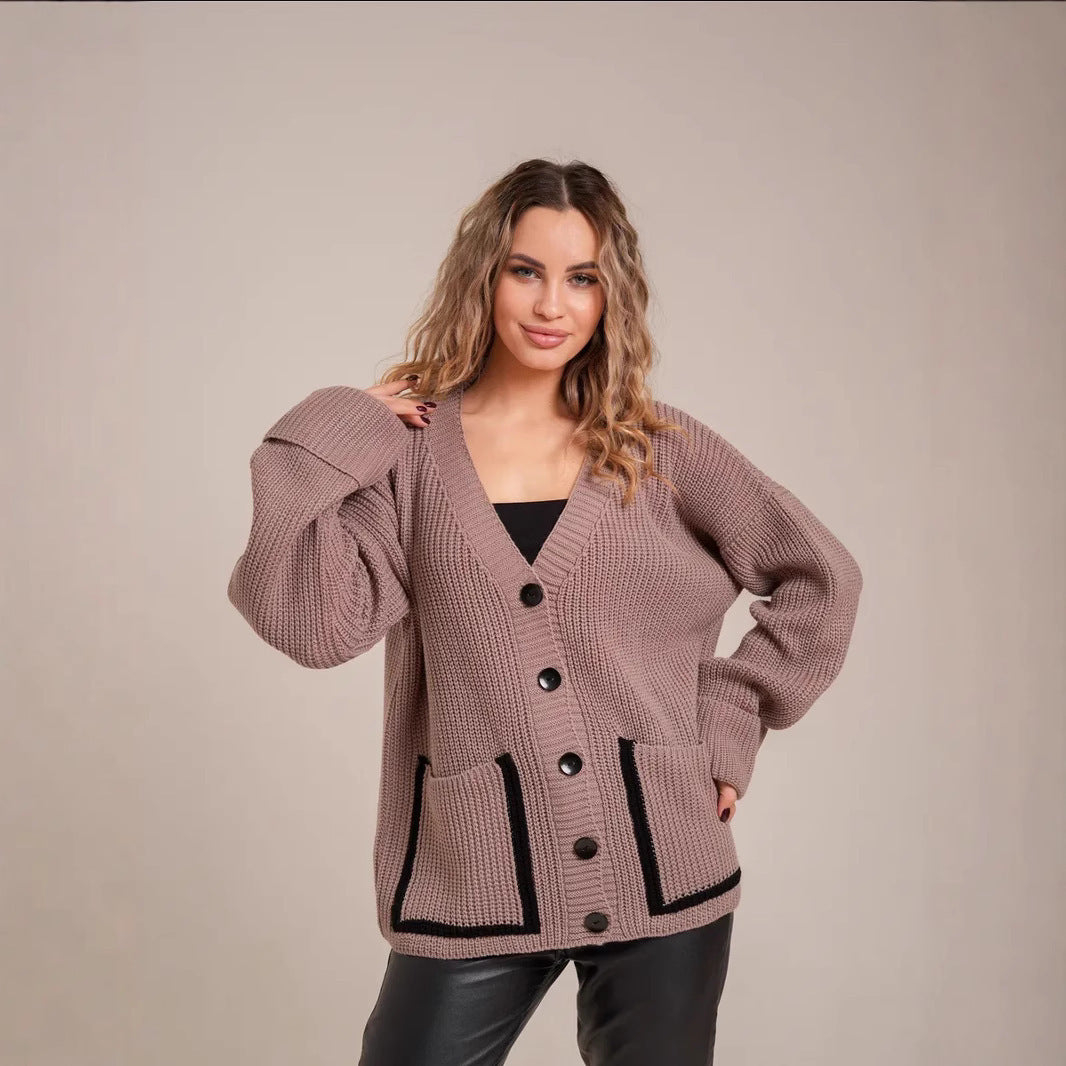 Damen Strickjacke mit großem Kragen und Taschen R&B