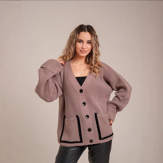 Damen Strickjacke mit großem Kragen und Taschen R&B