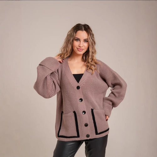 Damen Strickjacke mit großem Kragen und Taschen R&B