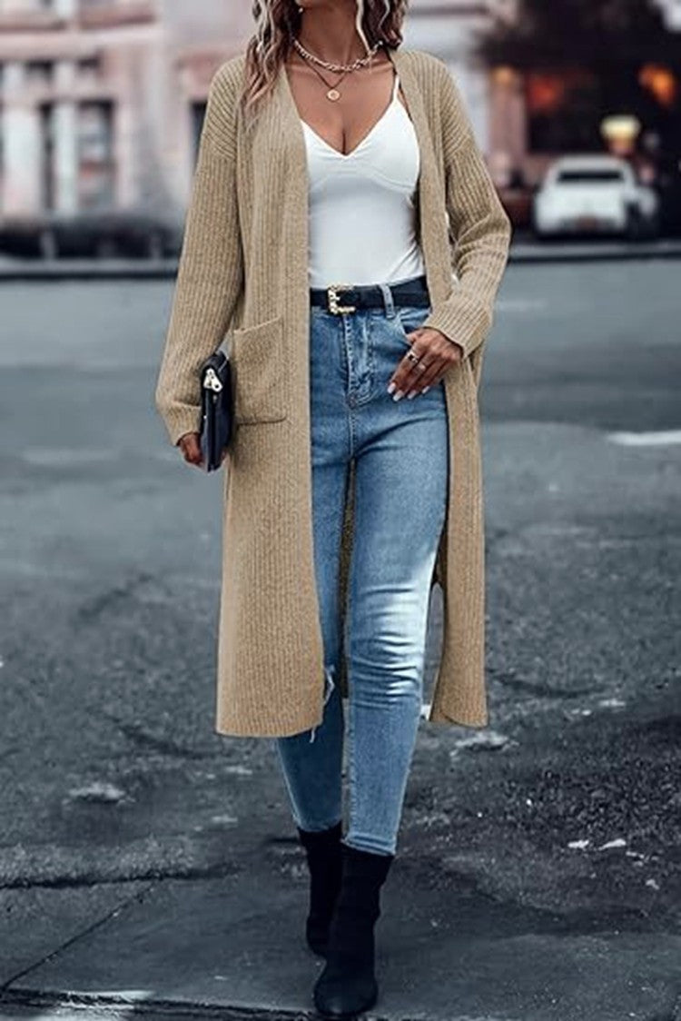Damen Langer Strickmantel mit strukturiertem Design und praktischen Taschen R&B