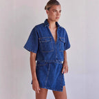 Damen Denim-Crop-Hemd mit aufgesetzten Taschen und passendem Rock R&B