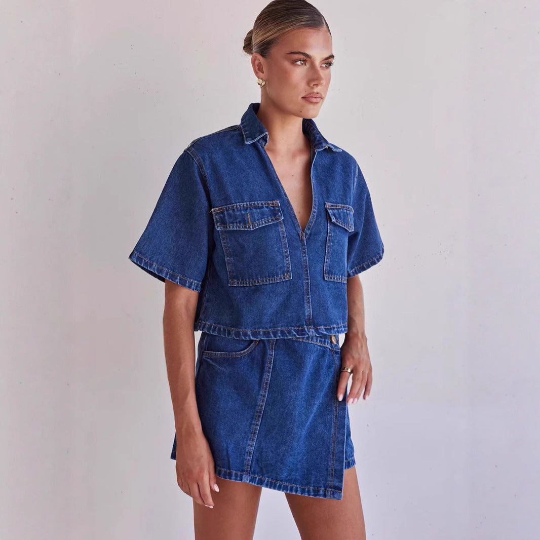Damen Denim-Crop-Hemd mit aufgesetzten Taschen und passendem Rock R&B