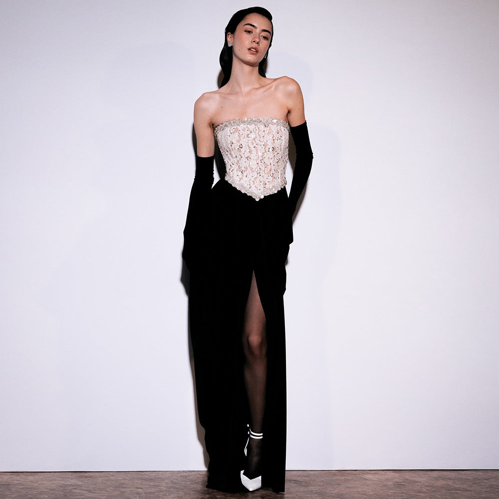 Damen elegantes Abendkleid mit schimmerndem Spitzenoberteil und Drapierungsdetails R&B
