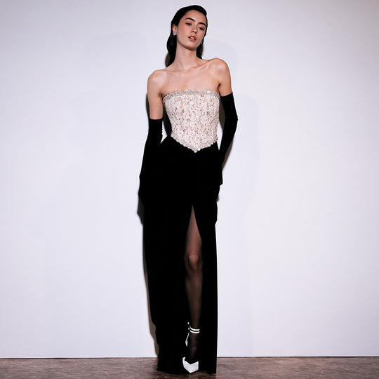 Damen elegantes Abendkleid mit schimmerndem Spitzenoberteil und Drapierungsdetails R&B