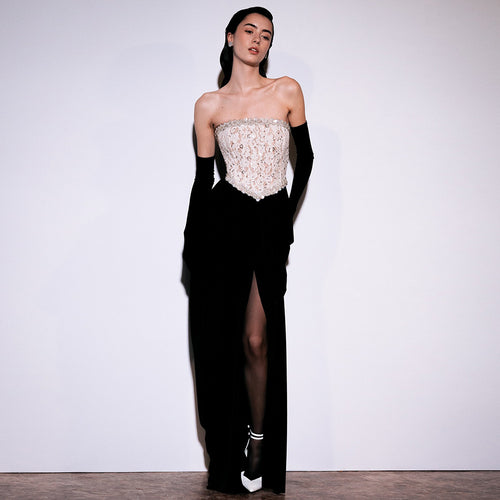 Damen elegantes Abendkleid mit schimmerndem Spitzenoberteil und Drapierungsdetails R&B