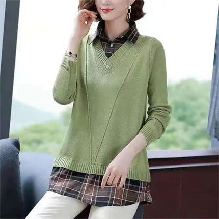 Damen Layered Strickpullover mit V-Ausschnitt und trendy Hemdbluse R&B