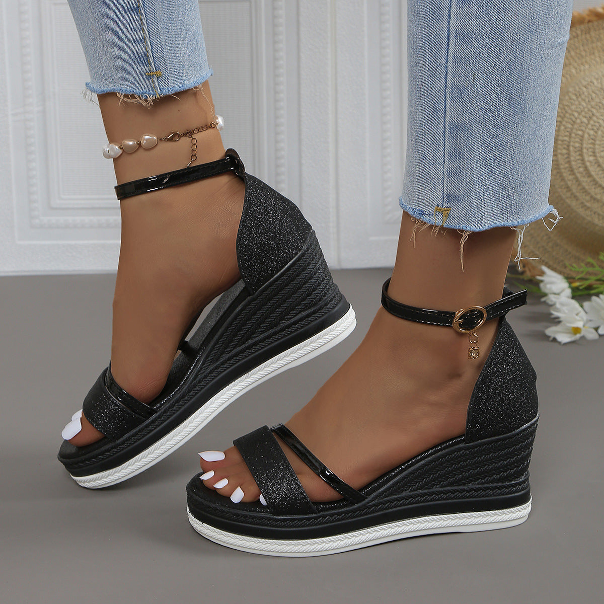 Damen Wedge-Sandalen mit funkelndem Obermaterial und elegantem Riemendesign R&B