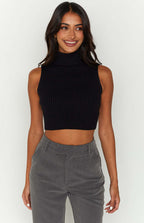 Damen trendiges Rippstrick-Crop-Top mit hohem Kragen R&B