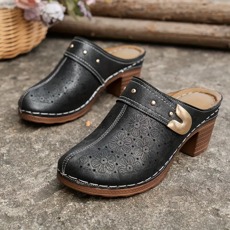 Damen elegante Clogs mit modischem Blumendesign und geschmackvoller Schnalle R&B
