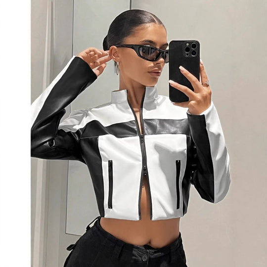 Damen Sportliche cropped Jacke aus Kunstleder mit Kontrastdetails R&B