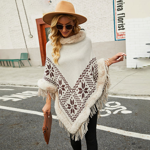 Damen eleganter Poncho mit dekorativem Fransen-Design und Kunstfellbesatz R&B