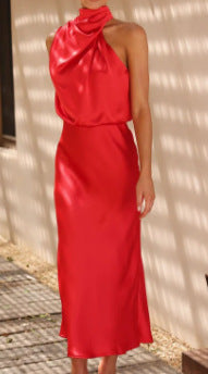 Damen Fließendes Maxikleid mit elegantem Stehkragen und Drapierung R&B