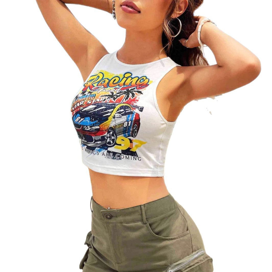 Damen Cropped Tank-Top mit kreativem Rennsport-Motiv und lässigem Schnitt R&B