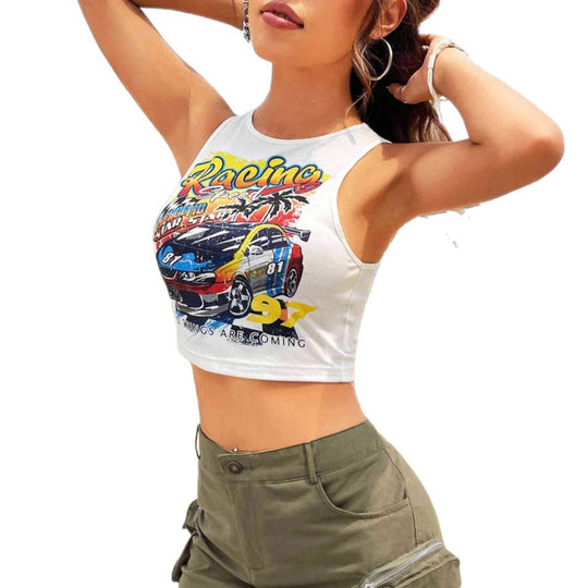 Damen Cropped Tank-Top mit kreativem Rennsport-Motiv und lässigem Schnitt R&B