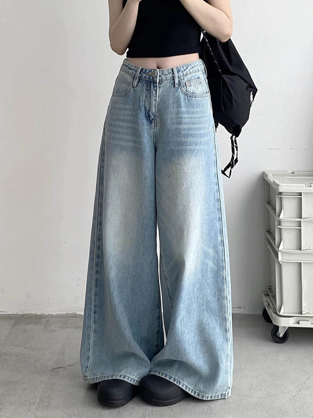 Damen Weite Jeans im lässigen Urban-Style mit hohem Bund und seitlichen Taschen R&B