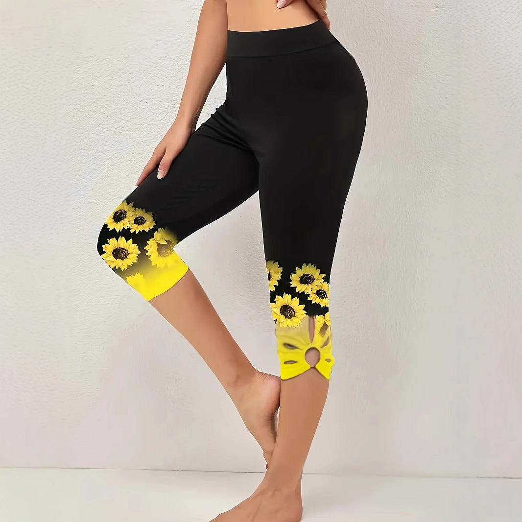 Damen Capri-Leggings mit einzigartigem Sonnenblumen-Design und hohem Bund R&B