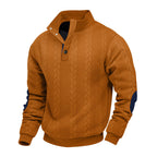 Herren nan Zopfmuster-Pullover mit Stehkragen, halber Knopfleiste und Ellbogenpatches R&B