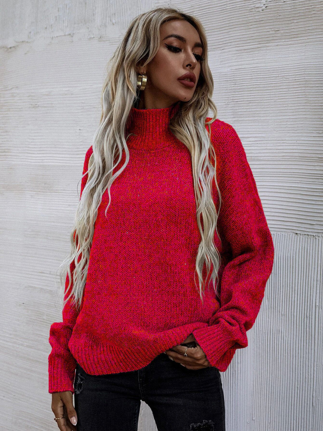 Damen Grobstrickpullover mit hohen Kragen und lässiger Passform R&B