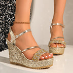 Damen Glamouröse Wedge-Sandalen mit glitzernden Riemen und verstellbarem Verschluss R&B