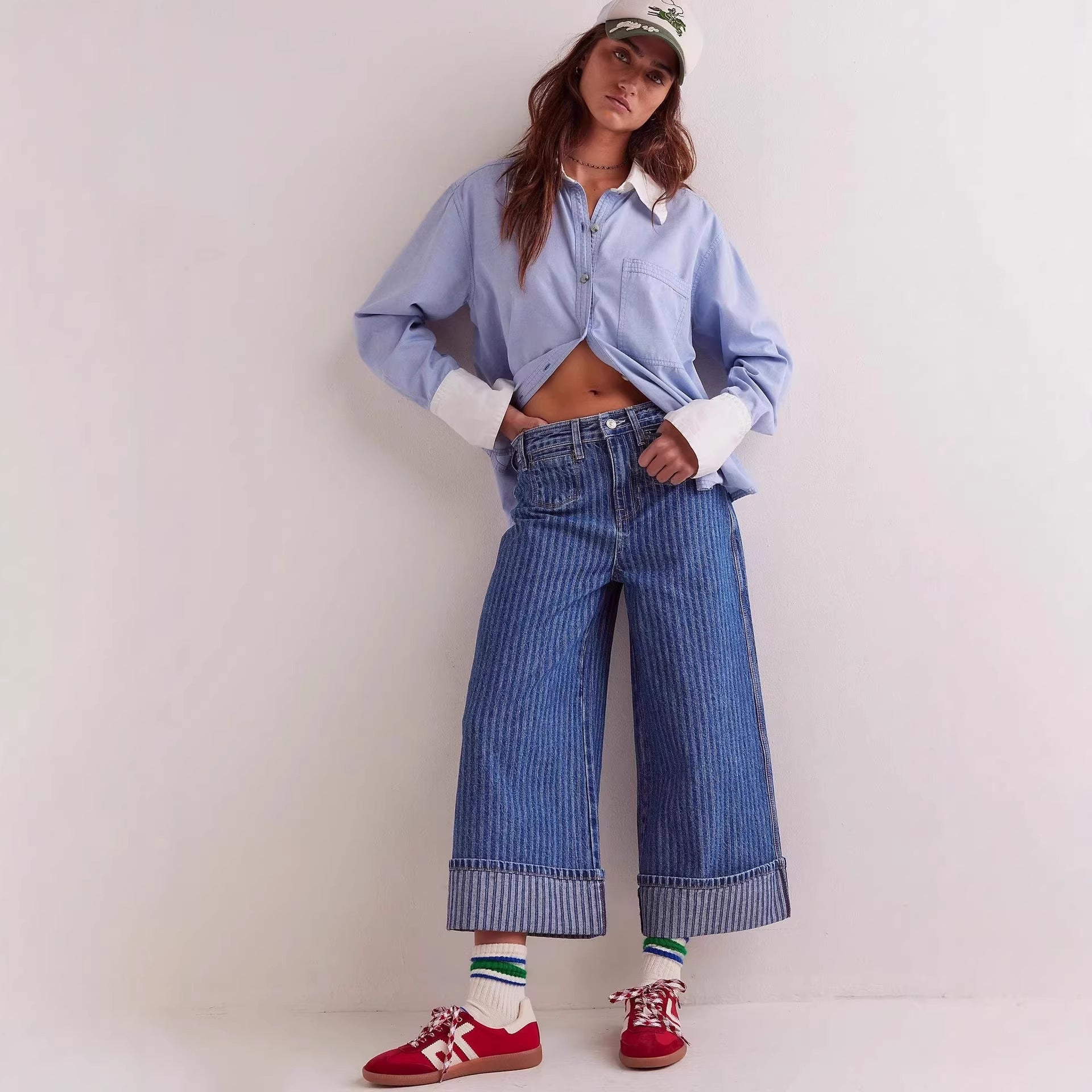 Damen Weite Jeans mit modischer Streifenbordüre