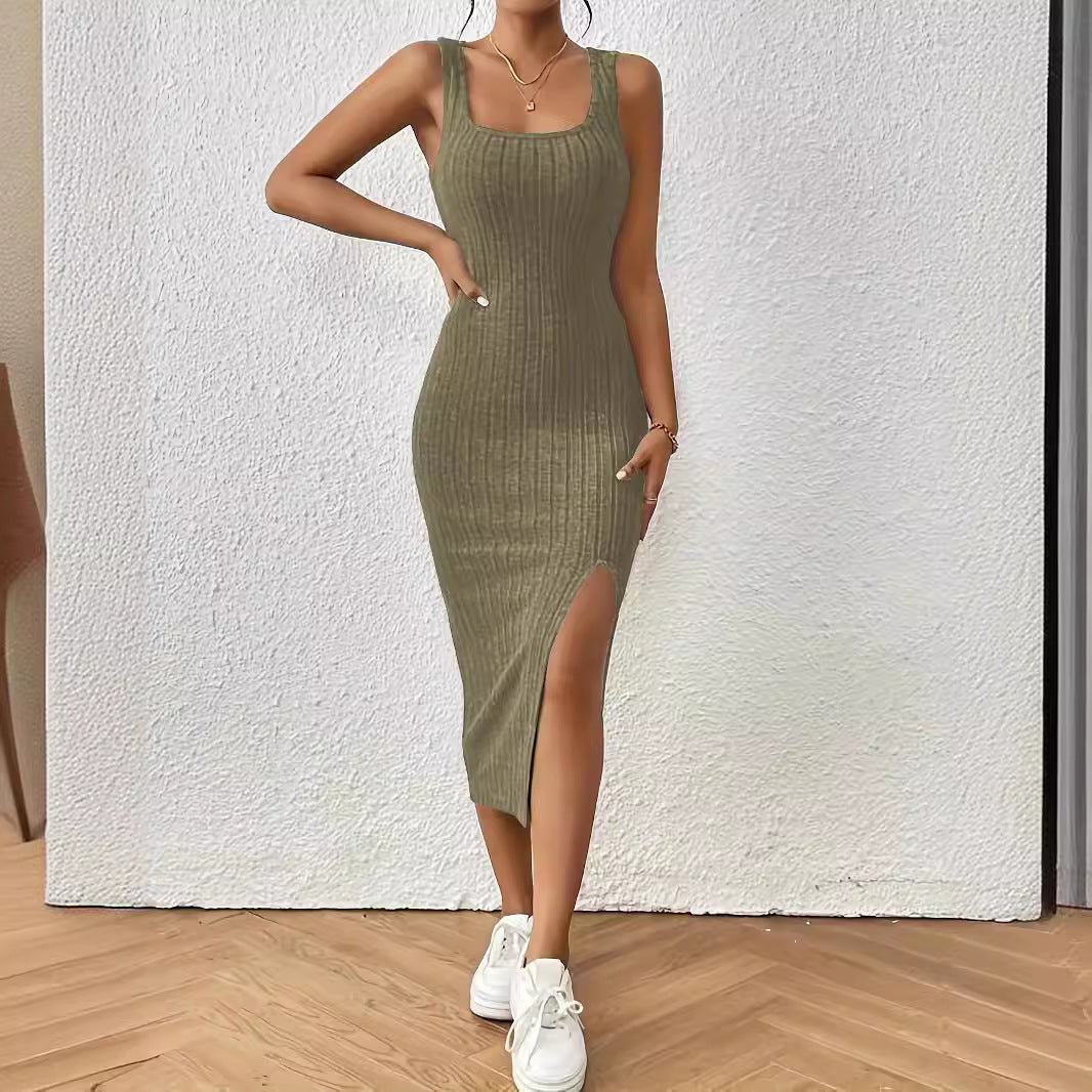 Damen figurbetontes Maxikleid mit hohem Schlitz und dekorativem Rippenmuster R&B