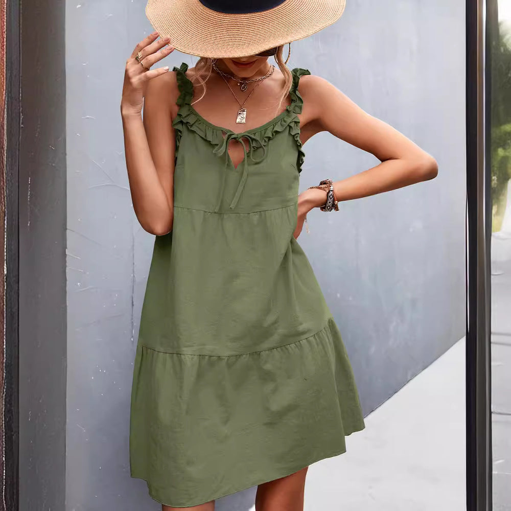 Damen lässiges Sommerkleid mit Rüschendetails und verstellbarem Taillenzug R&B